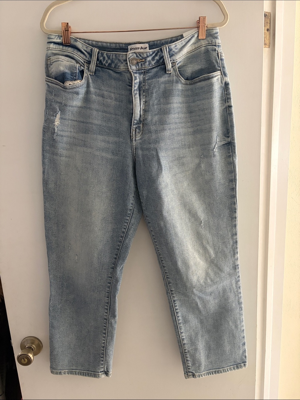 Studio Blue Light Wash Cropped Jeans - Distressed Ankle